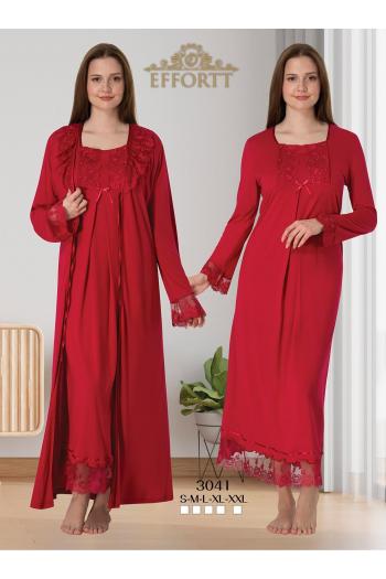Effortt 3041 VİŞNE Dantelli Sabahlıklı Lohusa Gecelik Takımı